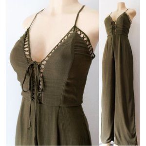 NEW Olive Laced Up V Neck Wide Leg Long Jumpsuit